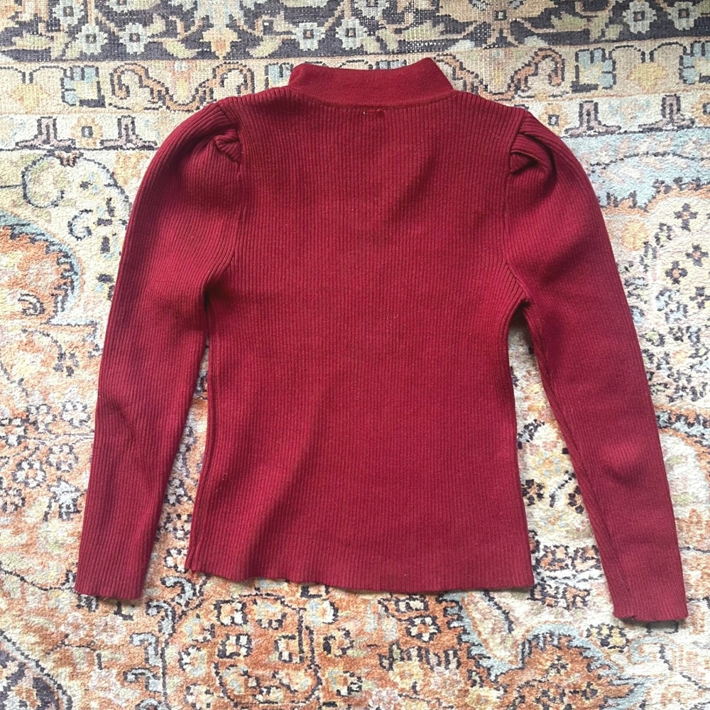 Burgundy Mandarin Collar Ribbed Knit Sweater Frog Knot Puff Sleeve Top Small - Picture 4 of 4